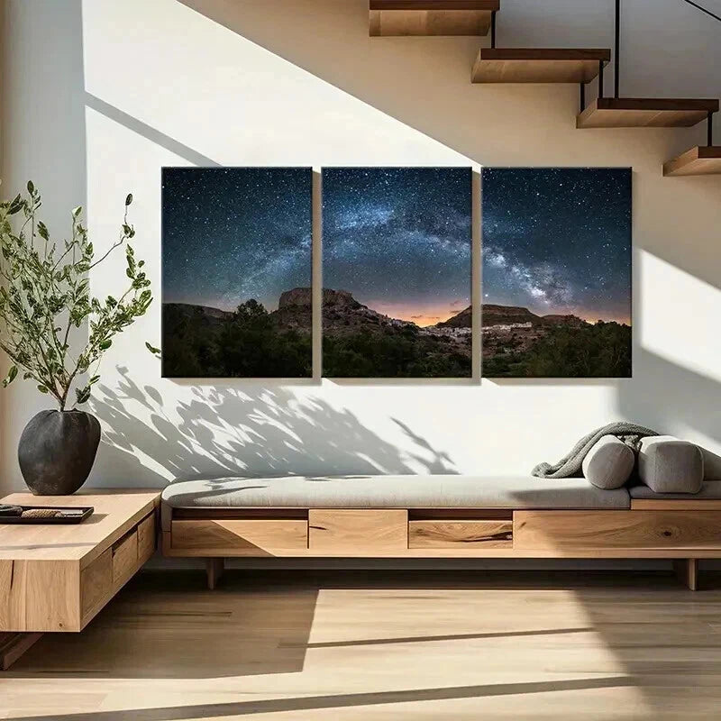 3pcs Starry Sky Night Scene & Mountains  Wall Art Set Canvas Framed 40x60cm - High Quality Print 100% Australian Made Wall Canvas Ready to Hang