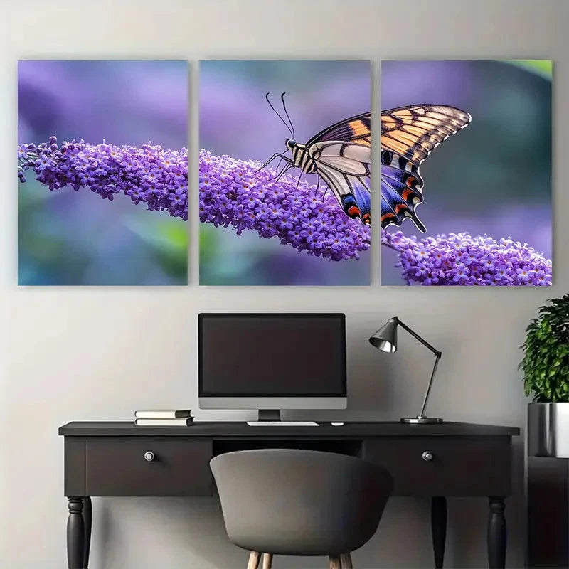 3pcs Shot of Purple Buddleia Flower with Butterfly Metal Print Ready to Hang Art
