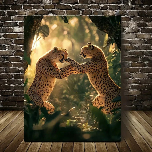 Playful Cheetah Wrestling Scene in Jungle Painting 40x60cm Metal Print Ready to Hang