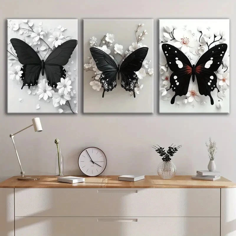 3pcs Black Butterfly & Floral Blooming Posture Metal Print Ready to Hang Art