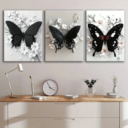 3pcs Black Butterfly & Floral Blooming Posture Metal Print Ready to Hang Art