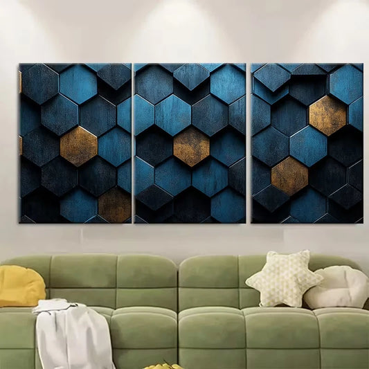 3pcs Vibrant Hexagonal Digital Abstract Metal Print Ready to Hang Art