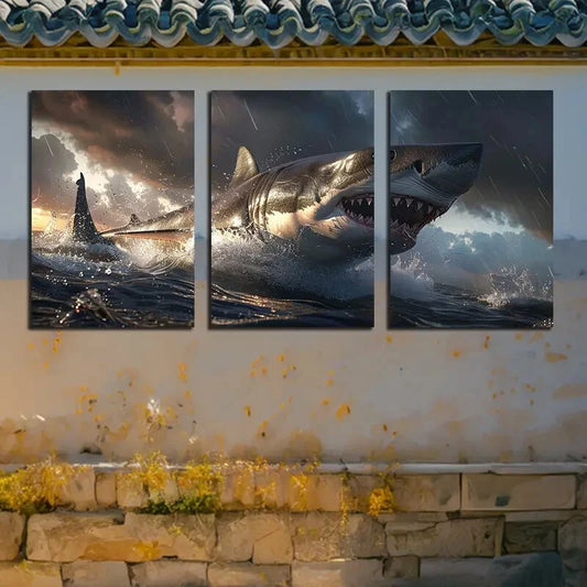 3pcs Shark Swims Against A Vortex Metal Print Ready to Hang Art