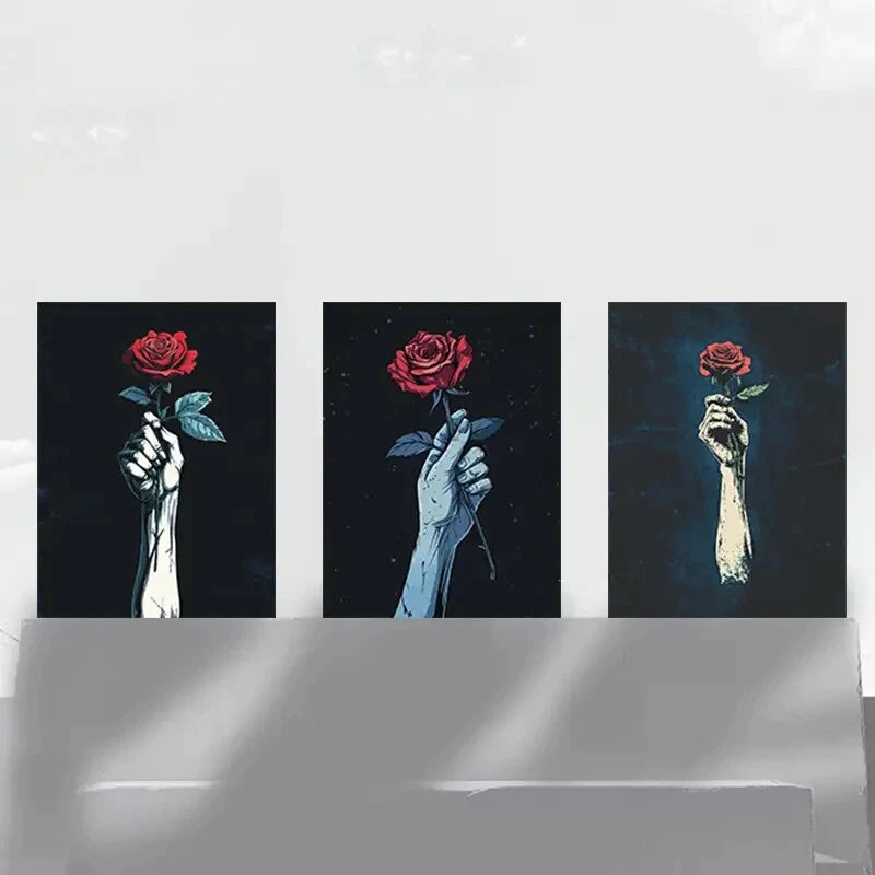 3pcs Red Rose and Raised Arms Handheld Floral Metal Print Ready to Hang Art