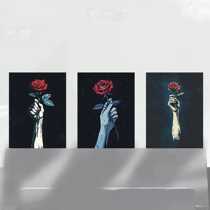 3pcs Red Rose and Raised Arms Handheld Floral Metal Print Ready to Hang Art