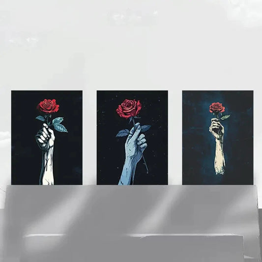3pcs Red Rose and Raised Arms Handheld Floral Metal Print Ready to Hang Art