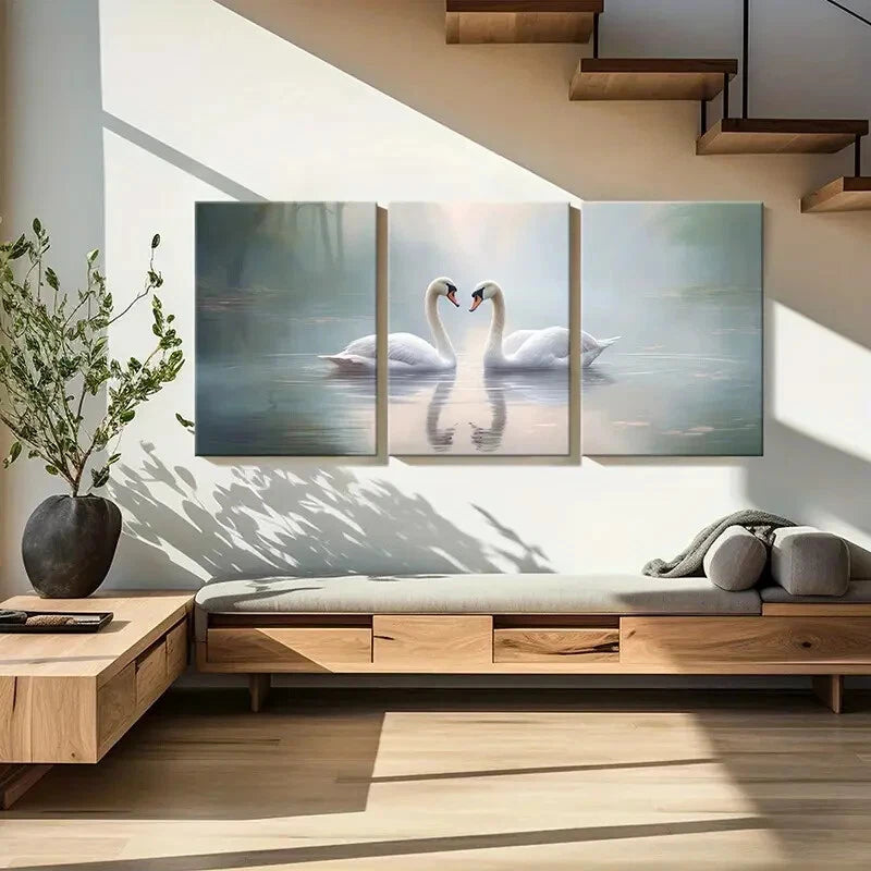 3pcs Elegant Swans Serene Lake Soft Light Metal Print Ready to Hang Art