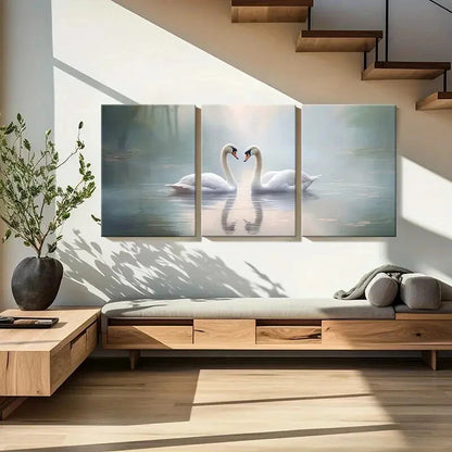 3pcs Elegant Swans Serene Lake Soft Light Metal Print Ready to Hang Art