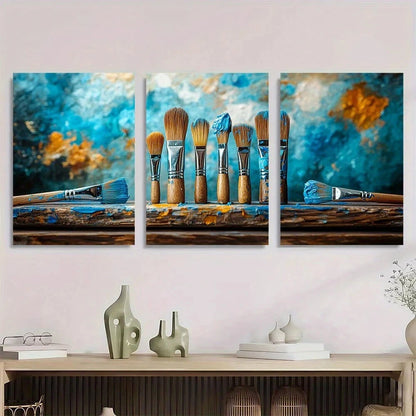 3pcs Vibrant Blue and Orange Paint Brushes Metal Print Ready to Hang Art