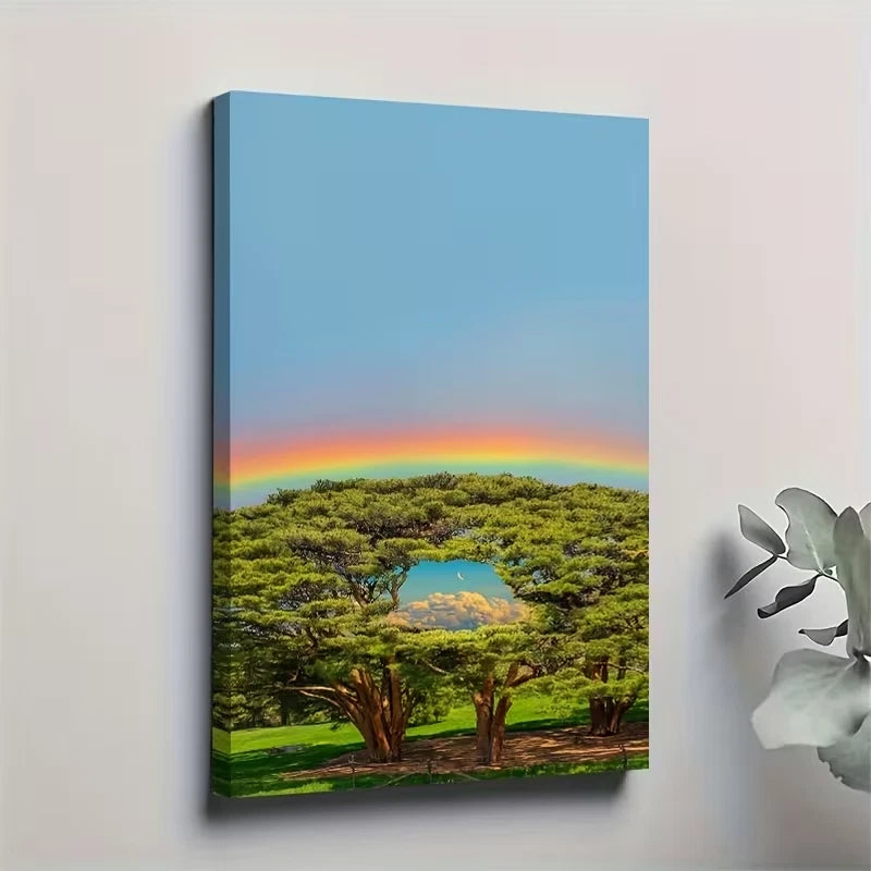 Vibrant Rainbow & Big Tree Metal Print Ready to Hang