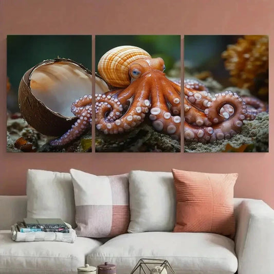 3pcs Coconut Octopus Seashell Sea Life Metal Print Ready to Hang Art