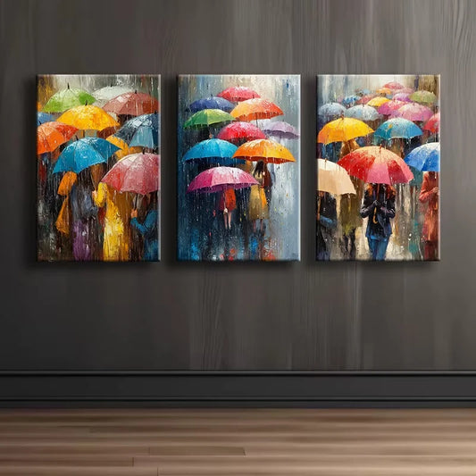 3pcs Vibrant Umbrella Rainy Day Scene Wall Art Set Canvas Framed 40x60cm - High Quality Print 100% Australian Made Wall Canvas Ready to Hang