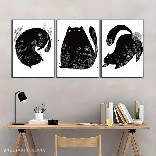 3pcs Black and White Cat Decorative Poster Metal Print Ready to Hang Art