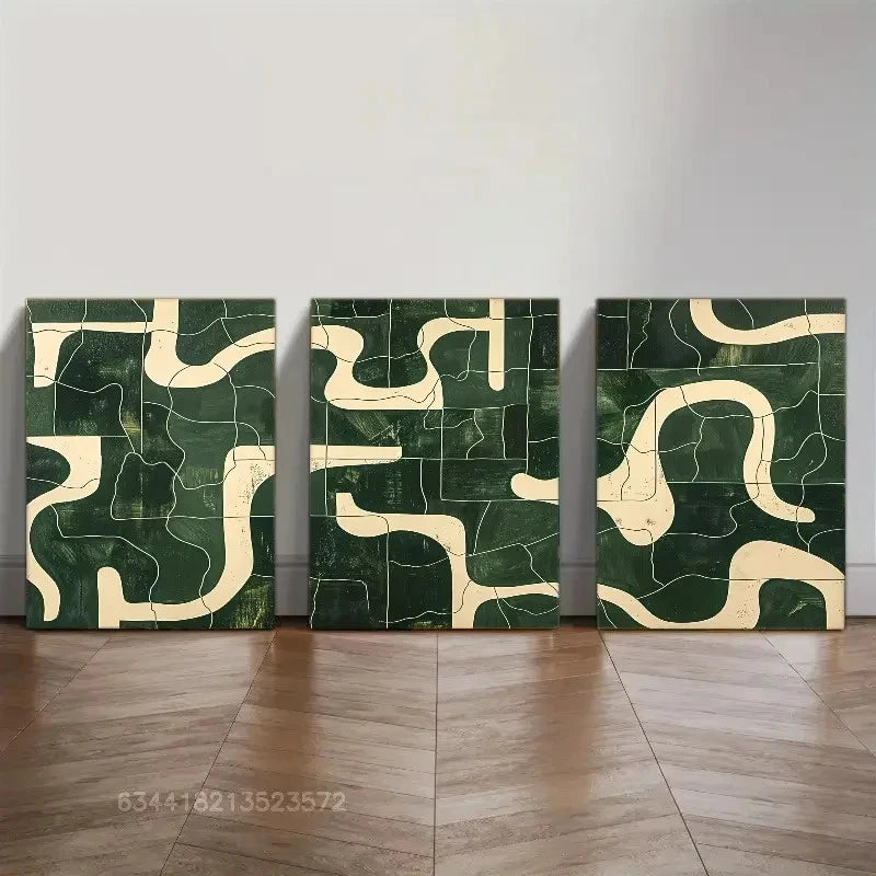 3pcs Created-Emerald Green and Beige Wall Art Metal Print Ready to Hang Art