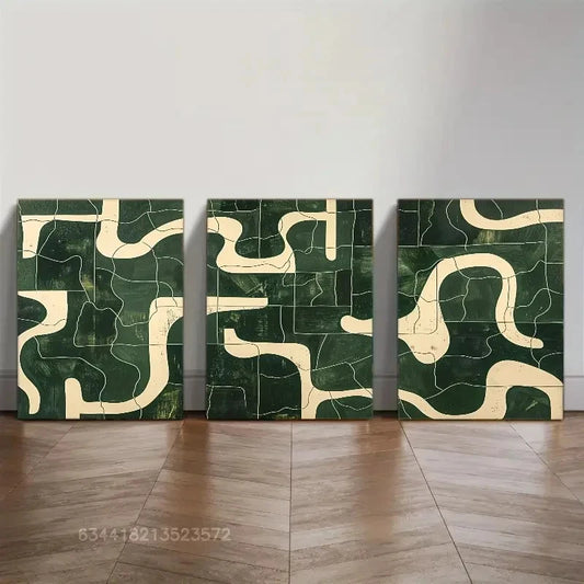 3pcs Created-Emerald Green and Beige Wall Art Metal Print Ready to Hang Art