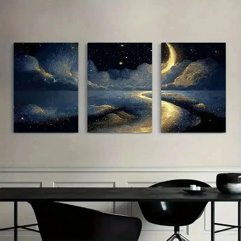 3pcs Fantasy Night Scene with Moonlight Poster Metal Print Ready to Hang Art
