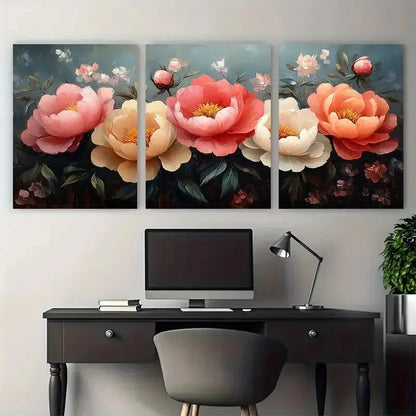 3pcs Vibrant Peonies Flowers Illustration Metal Print Ready to Hang Art