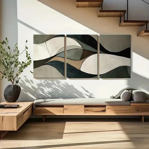 3pcs Abstract Wavy Flowing Lines Neutral Colors Wall Art Canvas Unframed - High Quality Print 100% Australian Made Wall Canvas