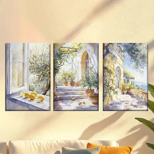3pcs French Villa Courtyard with Lemon Wall Art Set Canvas Unframed - High Quality Print 100% Australian Made Wall Canvas