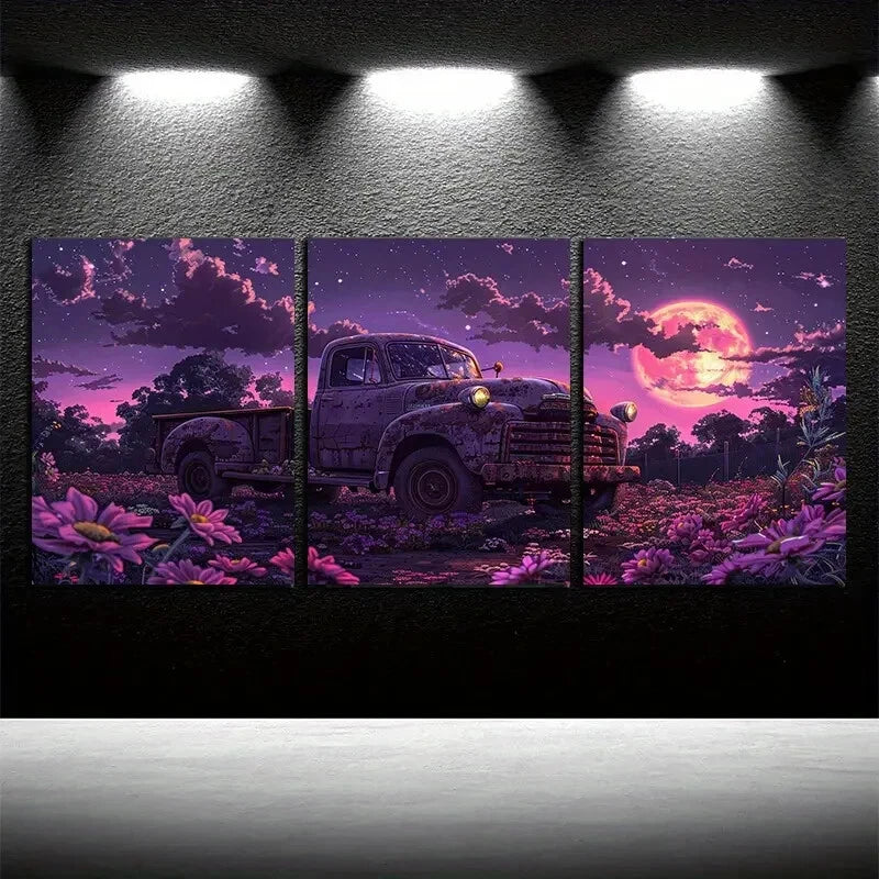 3pcs Rusty Trucks, Half Buried on The Grass Design Metal Print Ready to Hang Art