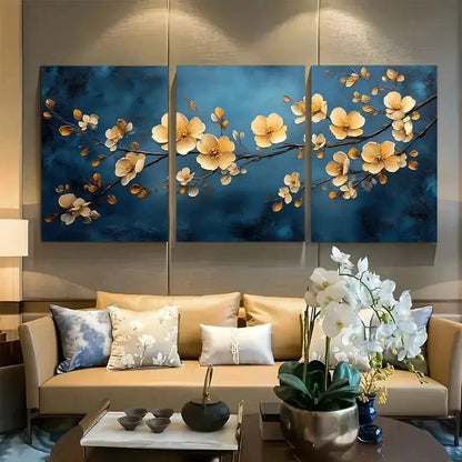 3pcs Golden Branches Leaves with Florals Design Metal Print Ready to Hang Art