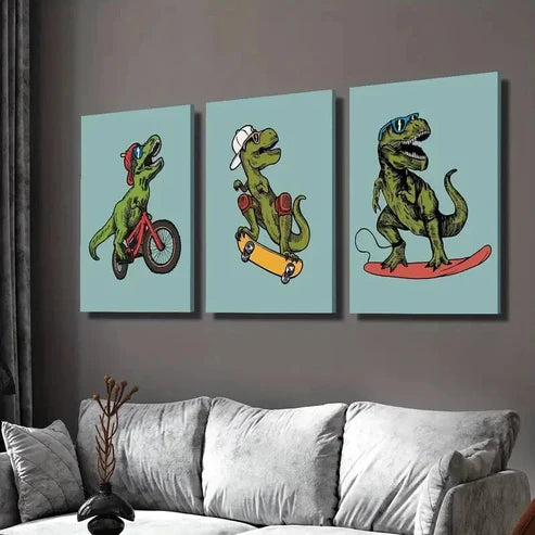3pcs Tyrannosaurus Rex Skateboarding and Riding Wall Art Set Canvas Unframed - High Quality Print 100% Australian Made Wall Canvas