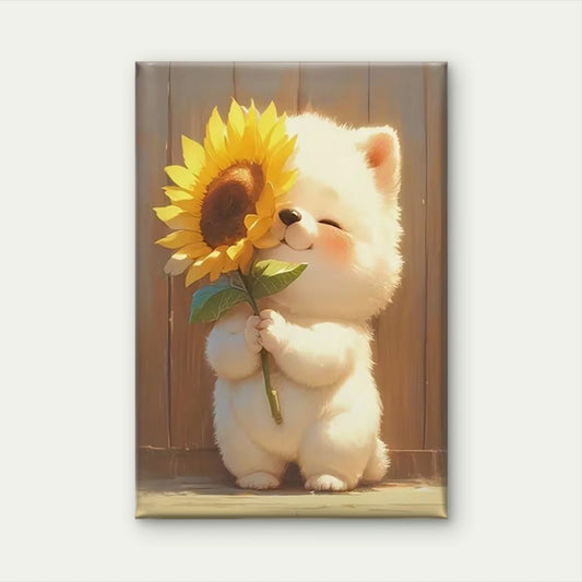 Adorable Puppy & Sunflower Metal Print Ready to Hang