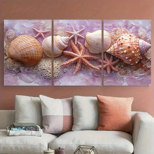 3pcs Delicate Sea Shell Coral Starfish Wall Art Set Canvas Framed 60x90cm - High Quality Print 100% Australian Made Wall Canvas Ready to Hang