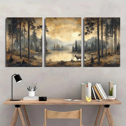 3pcs Neutral Brown Forest Scene with Serene Wall Art Set Canvas Framed 60x90cm - High Quality Print 100% Australian Made Wall Canvas Ready to Hang