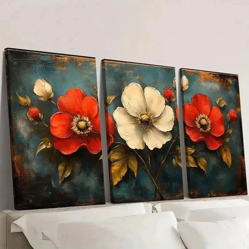 3pcs Rustic Wildflower Design in Red Wall Art Set Canvas Unframed - High Quality Print 100% Australian Made Wall Canvas