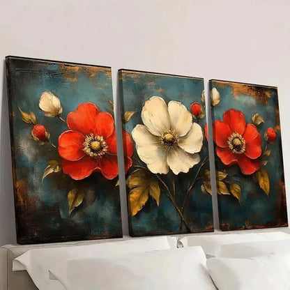 3pcs Rustic Wildflower Design in Red Wall Art Set Canvas Unframed - High Quality Print 100% Australian Made Wall Canvas