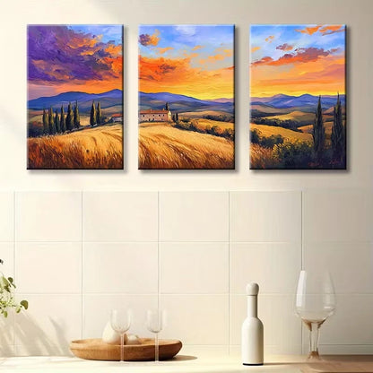 3pcs Sunset Fields Illustration Wall Art Set Canvas Framed 60x90cm - High Quality Print 100% Australian Made Wall Canvas Ready to Hang