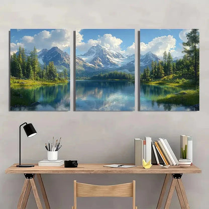 3pcs Summer Lake Serene Water Reflection Landscape Metal Print Ready to Hang Art