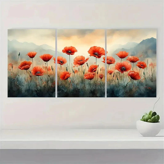 3pcs Red Poppy Meadow Watercolor Art Prints Metal Print Ready to Hang Art