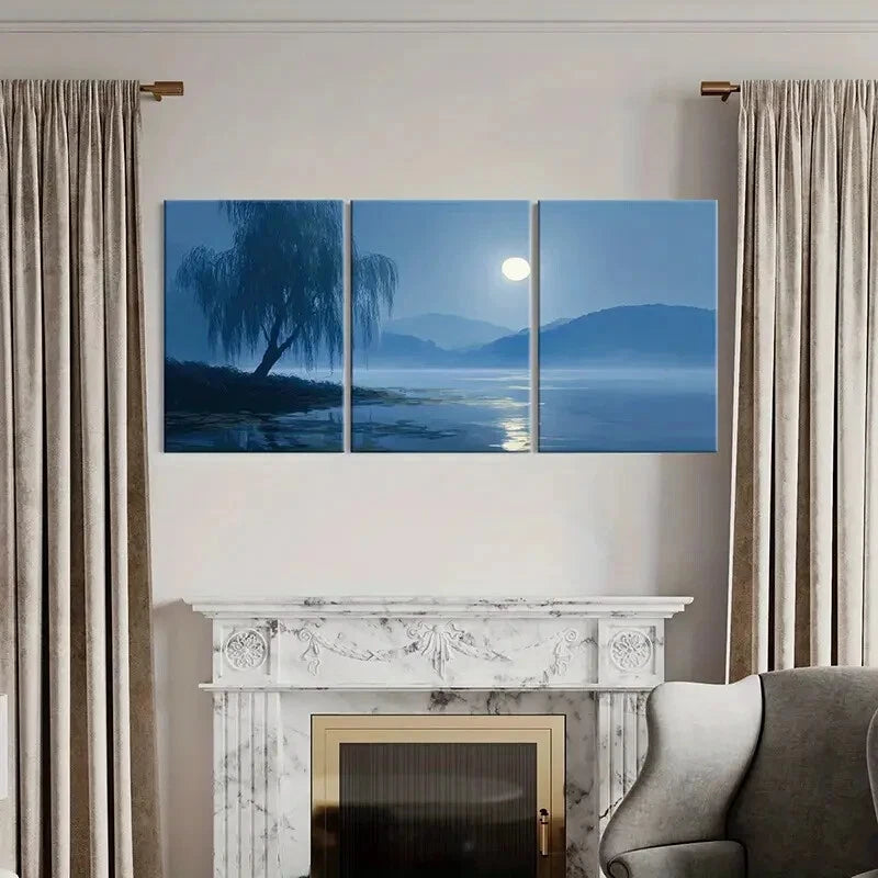 3pcs Moonlit Willow Reflection Serene Lake Metal Print Ready to Hang Art