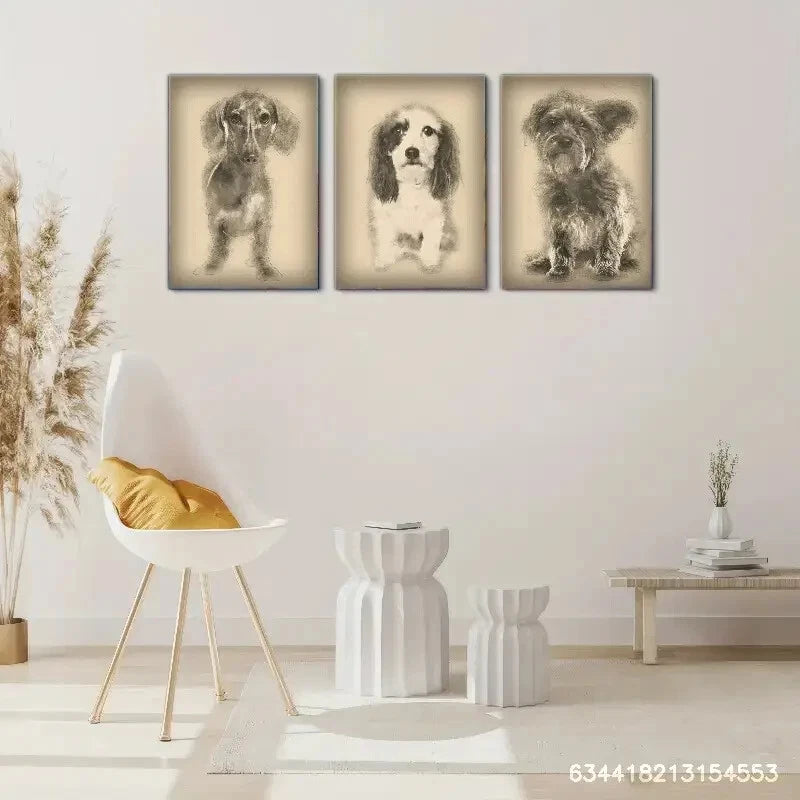 3pcs Vintage Dog Sketches Art Ensemble Metal Print Ready to Hang Art