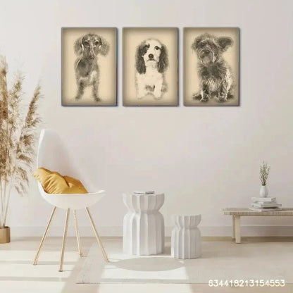 3pcs Vintage Dog Sketches Art Ensemble Metal Print Ready to Hang Art