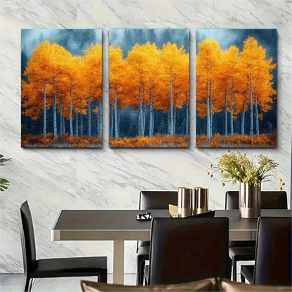 3pcs Vibrant Aspen Tree Golden Yellow Leaves Wall Art Set Canvas Framed 60x90cm - High Quality Print 100% Australian Made Wall Canvas Ready to Hang