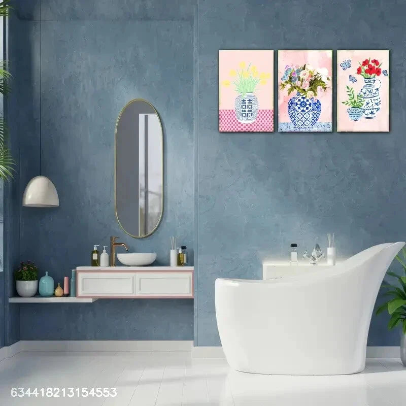 3pcs Flowers and Blue and White Porcelain Vase Metal Print Ready to Hang Art