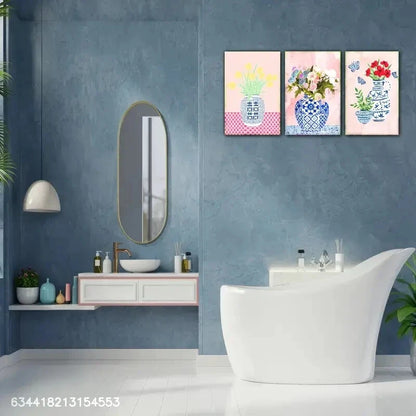 3pcs Flowers and Blue and White Porcelain Vase Metal Print Ready to Hang Art