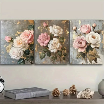 3pcs Pink and White Roses Contemporary Style Metal Print Ready to Hang Art