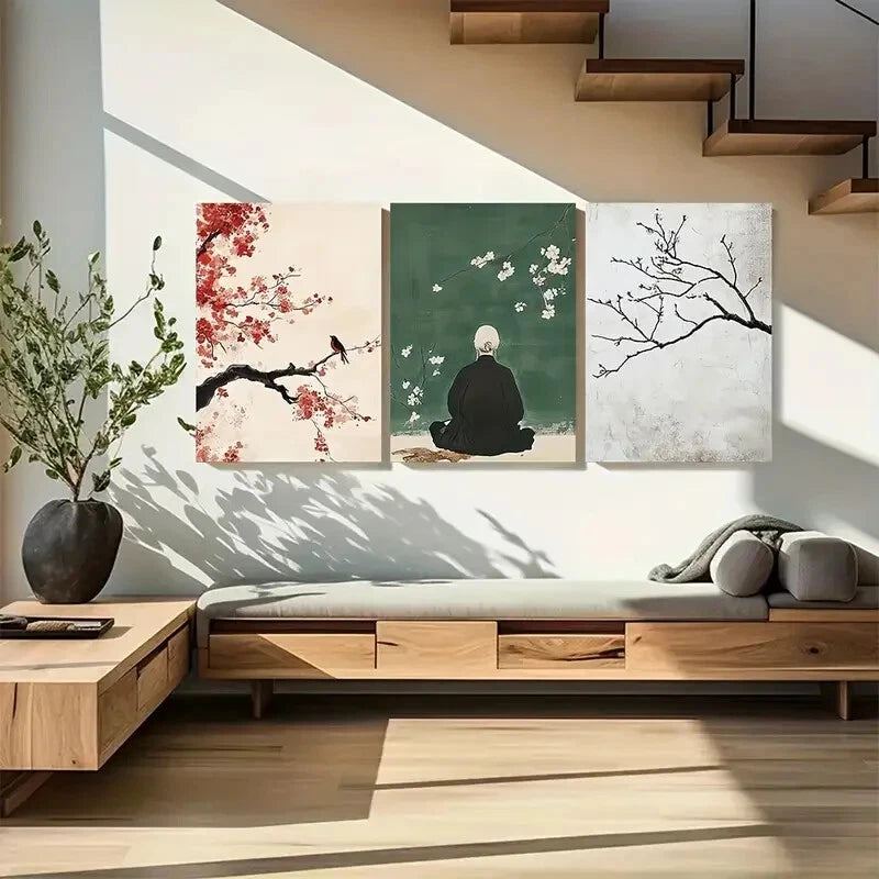 3pcs Minimalist Japanese Abstract Sakura Blossom Metal Print Ready to Hang Art
