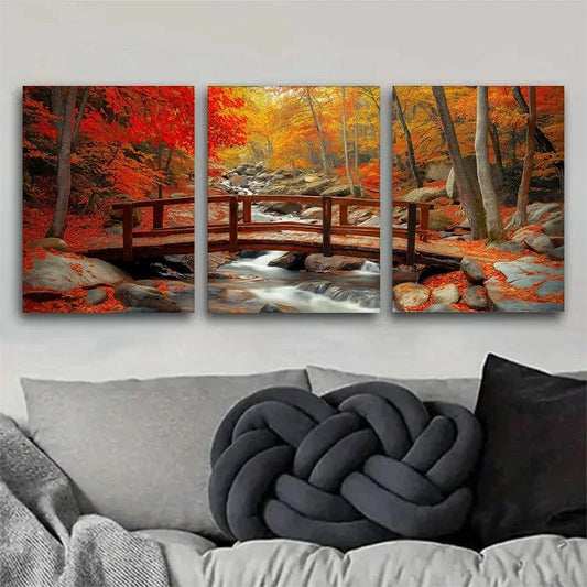 3pcs Red Leaves and Autumn Bridge Metal Print Ready to Hang Art