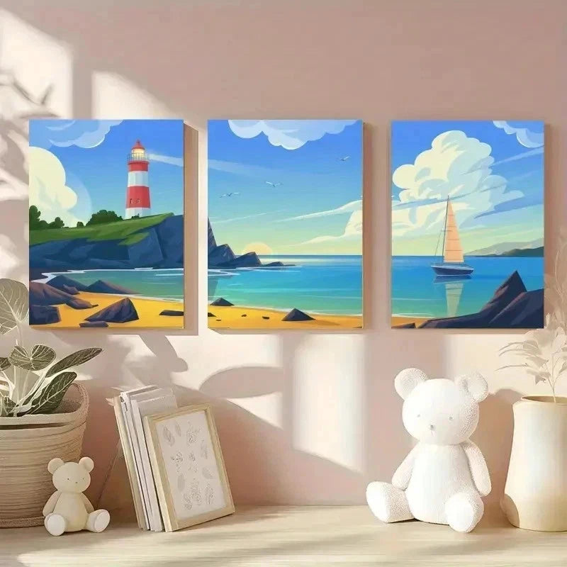 3pcs Lighthouse, Sailboat, Rocky Shore, Clouds Wall Art Set Canvas Framed 40x60cm - High Quality Print 100% Australian Made Wall Canvas Ready to Hang