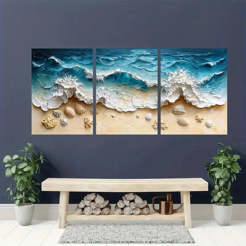 3pcs Textured Blue Wave & Sandy Shore Scene Metal Print Ready to Hang Art