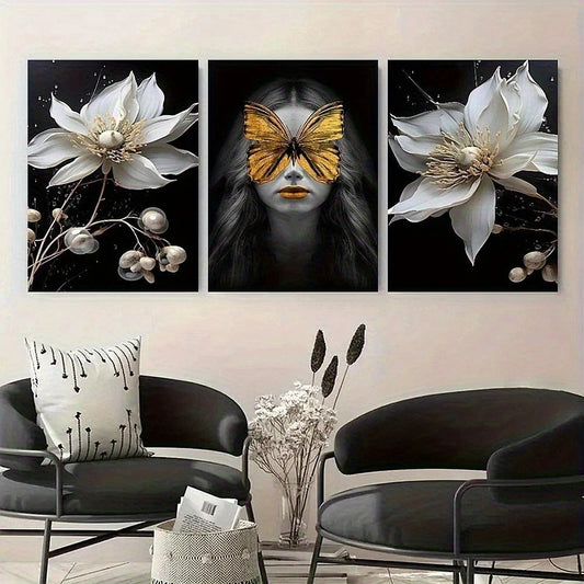 3pcs Modern Butterfly Girl and White Floral Metal Print Ready to Hang Art