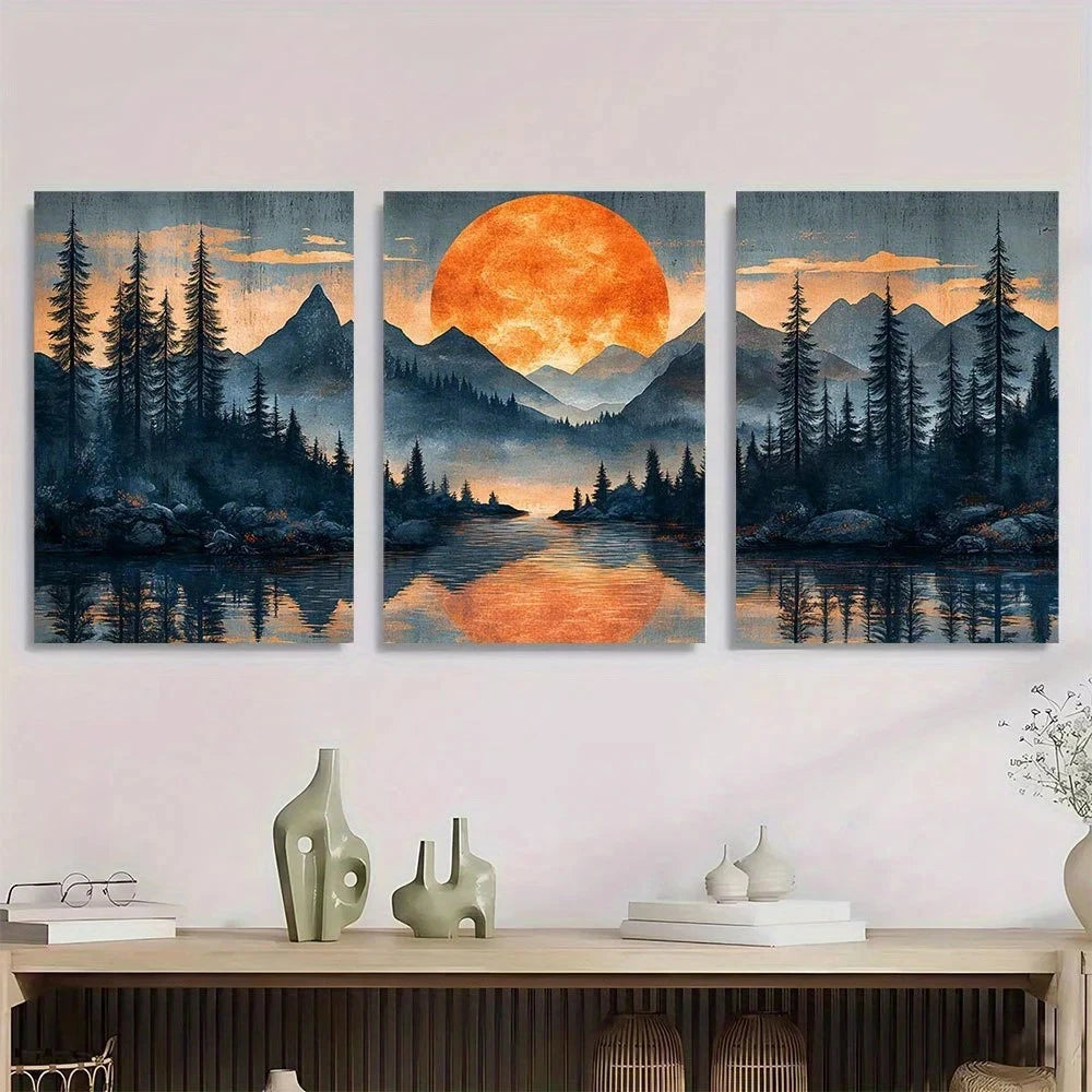 3pcs Moonlit Abstract Mountain Forest Scene Metal Print Ready to Hang Art