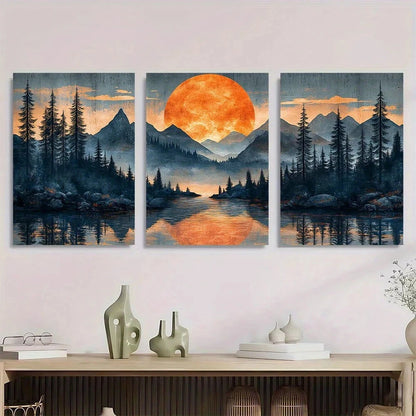 3pcs Moonlit Abstract Mountain Forest Scene Metal Print Ready to Hang Art
