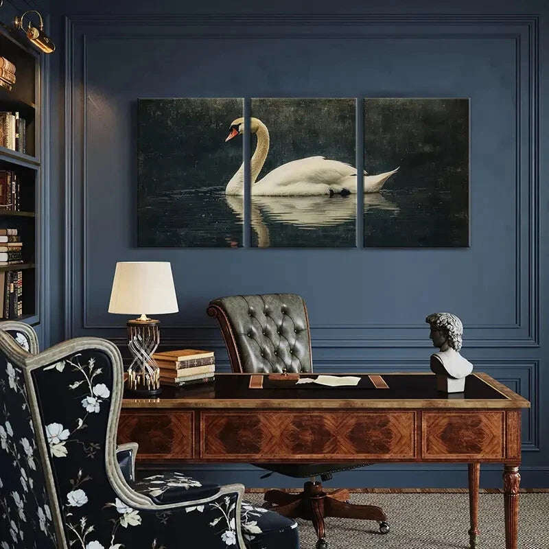 3pcs Elegant Swan Water Reflection Poster Metal Print Ready to Hang Art