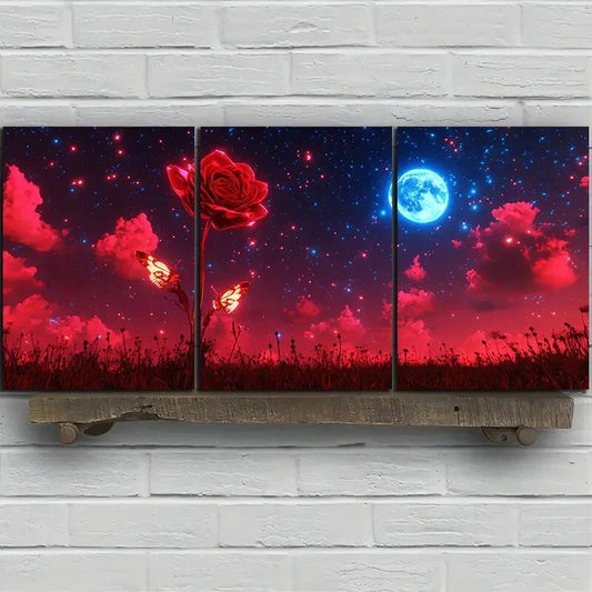 3pcs Red Rose and Moonlight Night Sky Metal Print Ready to Hang Art